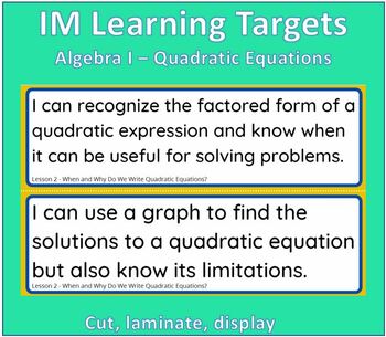Preview of IM Learning Targets Algebra I Unit 7 - Quadratic Equations