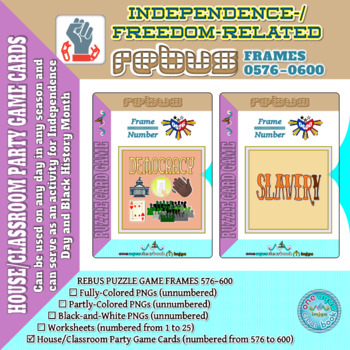 Preview of INDEPENDENCE/FREEDOM-RELATED Rebus Puzzle Party Game Cards 576–600