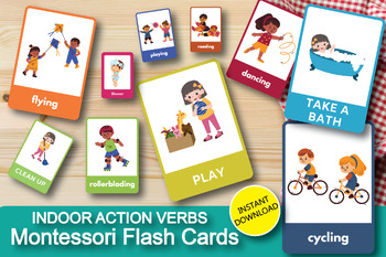 Preview of INDOOR ACTION VERBS Multilingual Edition Editable Montessori Cards • Nomenclatur