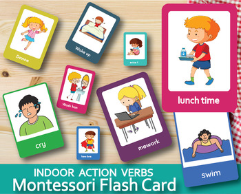 Preview of INDOOR ACTION VERBS Multilingual Edition Editable Montessori Flash Cards