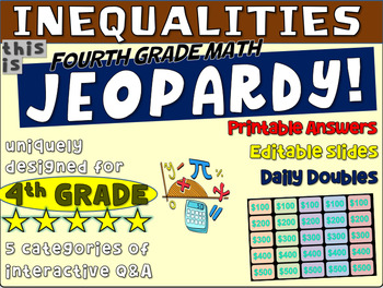 Preview of INEQUALITIES - Fourth Grade MATH JEOPARDY! handouts & Game Slides