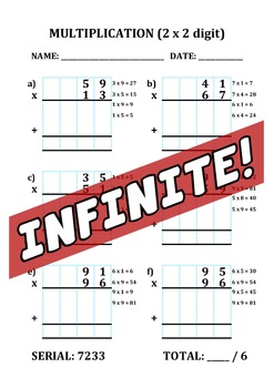 Preview of INFINITE WORKSHEET - MULTIPLICATION - COLUMN METHOD - 2 x 2 DIGITS - 6Q - GUIDED