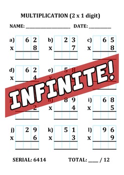 Preview of INFINITE WORKSHEET - MULTIPLICATION - COLUMN METHOD - 2x1 DIGIT - 12Q - UNGUIDED