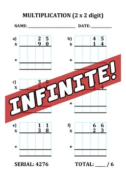 Preview of INFINITE WORKSHEET - MULTIPLICATION - COLUMN METHOD - 2x2 DIGIT - 6Q - UNGUIDED