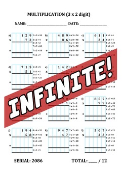 Preview of INFINITE WORKSHEET - MULTIPLICATION - COLUMN METHOD - 3 x 2 DIGITS - 12Q -GUIDED