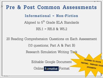Preview of INFORMATIONAL/NONFICTION Common Assessment - Pre & Post - Grade 5 ELA