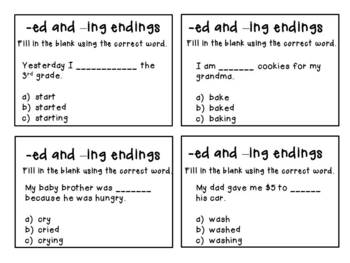 ING and ED endings centers work with worksheets, task cards and charts