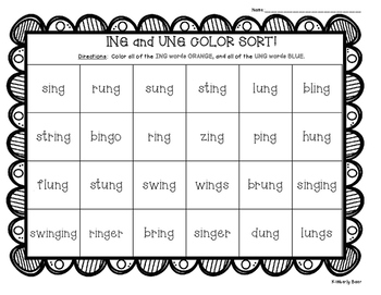 ING and UNG Glued / Welded Sounds Color Sorting Worksheet by 4 Little Baers
