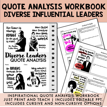 Preview of EDITABLE INSPIRATIONAL Quote Analysis Workbook, Bell Ringers, Diverse Leaders