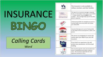 Preview of INSURANCE Bingo - cards you “pull out of the hat” – Word