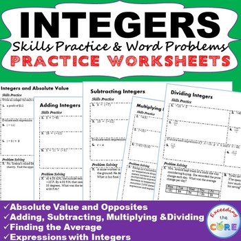Preview of INTEGERS Homework Practice Worksheets - Skills Practice with Word Problems