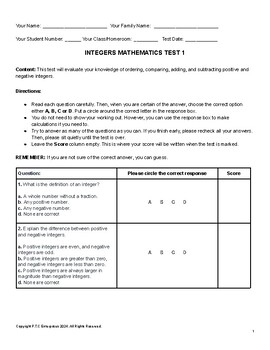 Preview of INTEGERS MATHEMATICS TEST 1 AND ANSWER SHEETS