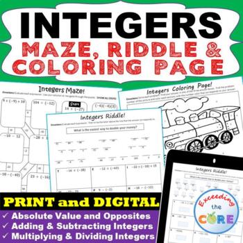 Preview of INTEGERS Maze, Riddle & Color by Number Coloring Page | Print or Digital