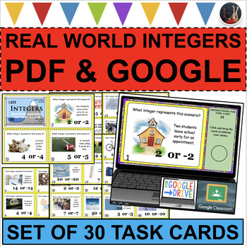 Preview of INTEGERS Real World Applications Positive Negative Task Cards (PDF & GOOGLE)
