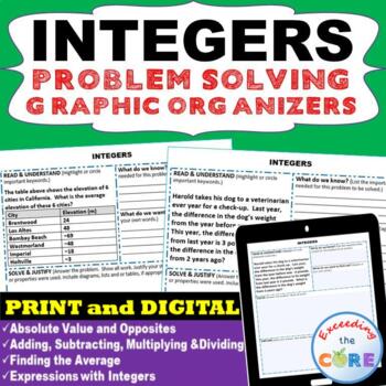 Preview of INTEGERS WORD PROBLEMS with Graphic Organizer | Print and Digital