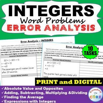 Preview of INTEGERS Word Problems Error Analysis | Find the Error | Distance Learning