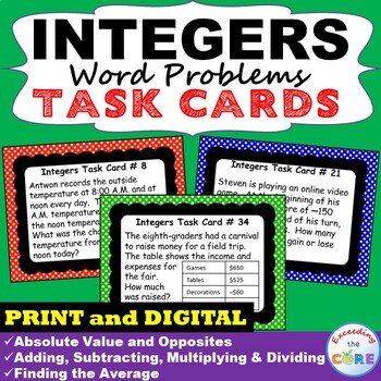 Preview of INTEGERS Word Problems Task Cards 40 Cards | GOOGLE | Distance Learning