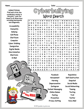 Preview of INTERNET SAFETY / CYBERBULLYING Word Search Puzzle Worksheet Activity