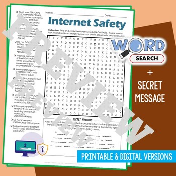 Preview of INTERNET SAFETY Word Search Puzzle Activity Vocabulary Worksheet Secret Message