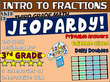Preview of INTRO TO FRACTIONS - Third Grade MATH JEOPARDY! handouts & Game Slides