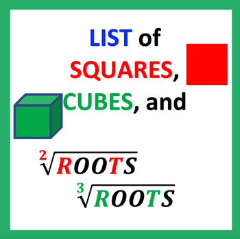 Preview of LISTS of SQUARES, CUBES and ROOTS