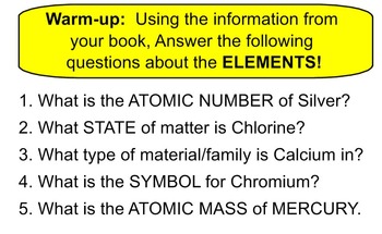 Preview of INVESTIGATING THE PERIODIC TABLE WARM-UP ACTIVITIES