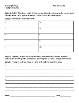 IR Describing Clothing Stations Worksheet by Renner | TpT