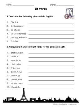 ir verbs notes worksheet and game to introduce french ir verbs