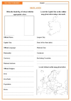 Preview of IRELAND Fact File Worksheet - Research Sheet