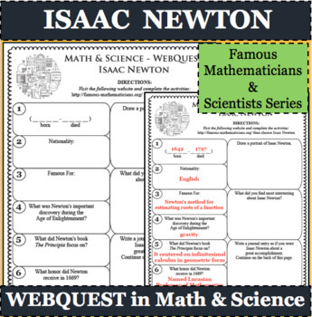 Preview of ISAAC NEWTON Math Science WebQuest Research Project Biography Graphic Organizer