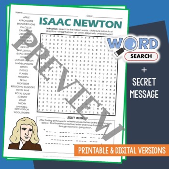 Preview of ISAAC NEWTON Word Search Puzzle Activity Vocabulary Worksheet Secret Code