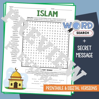 Preview of ISLAM Religion Word Search Puzzle Activity Worksheet With Secret Message