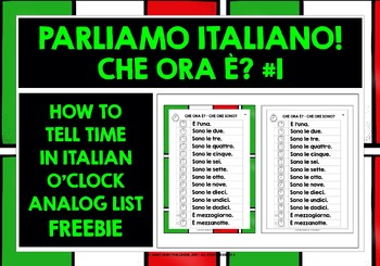 Preview of ITALIAN TELLING TIME O'CLOCK LIST FREEBIE