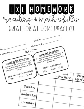 Preview of IXL Weekly Homework Skill Practice | Homework Log | IXL Program | Editable