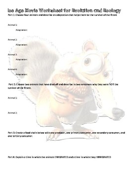 Preview of Ice Age Movie Worksheet for Evolution and Ecology Review