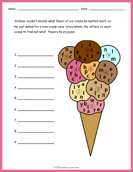 Ice Cream Party Handout - Ice Cream Word Scramble FUN by Puzzles to Print