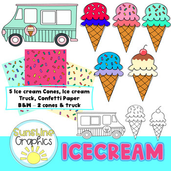Preview of Ice Cream Clip Art - Ice Cream Cones , Confetti Paper, Ice Cream Truck