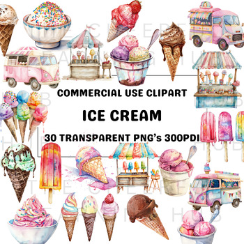 Preview of Ice Cream Clipart | 30 PNG Watercolor Summer Ice Cream Images | Commercial Use