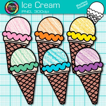Preview of Ice Cream Clipart: 6 Cute Hard & Soft Serve Food Clip Art, Transparent PNG B&W