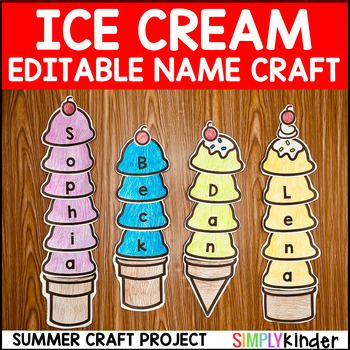 Preview of Ice Cream Name Craft Editable, Summer, End of Year Activities Pre-K Kindergarten