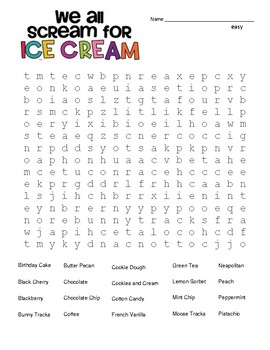 ice cream flavors word search and coloring page use in sub plan