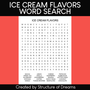 ice cream flavors word search puzzle worksheet printable tpt