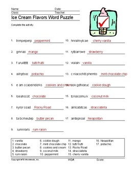 ice cream flavors word search worksheet and printable vocabulary puzzles