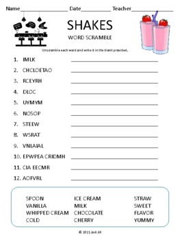 Preview of Ice Cream Shakes Word Scramble for Kids Worksheet Puzzle & Easel Activity