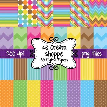 Preview of Ice Cream Shoppe Digital Background Papers in Chevron, Polka Dots, and Stripes