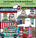 Ice Cream Truck and Stand clip art. Color and B&W
