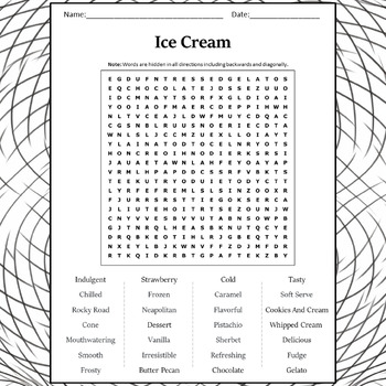 Ice Cream Word Search Puzzle Worksheet Activity by Word Search Corner