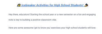 Preview of Icebreaker Activities for High School Students! Includes 10 Free Activities.