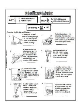 Preview of Ideal and Mechanical Advantage Worksheet with Efficiency