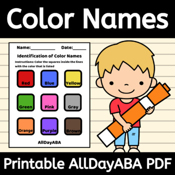 Preview of FREE Identifying Color Names Coloring Worksheet for Preschool Kindergarten ABA